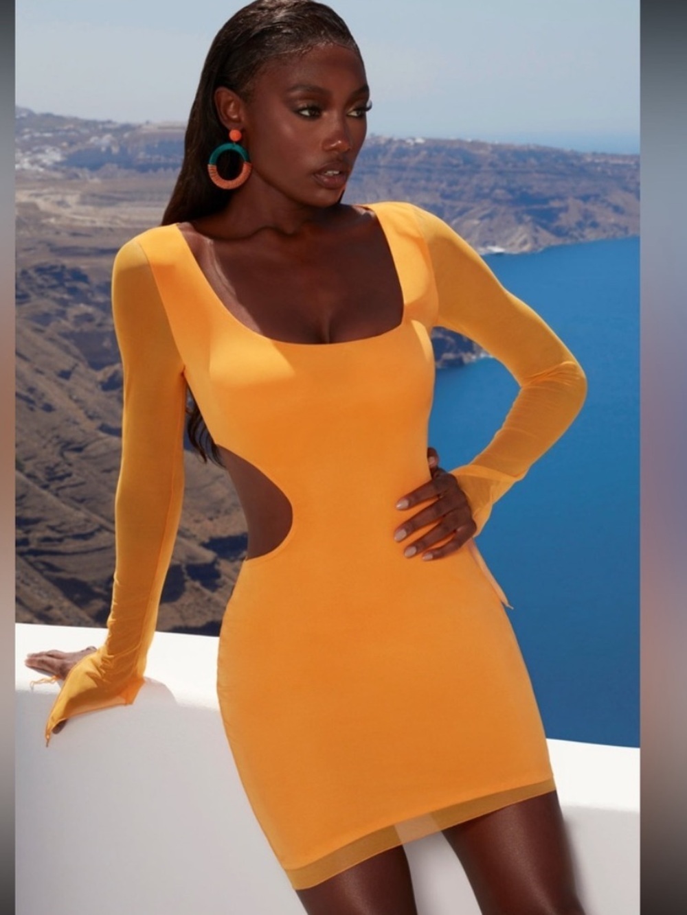Oh Polly Orange Cut Out Mesh Long Sleeve Asymmetrical Dress